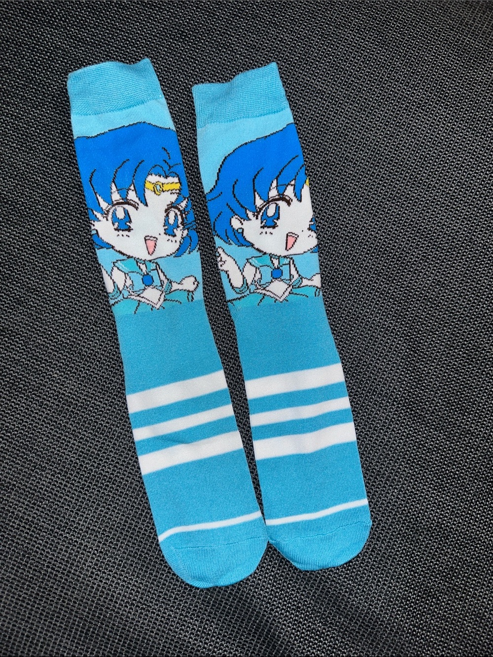Hot Topic Blue Anime Crew Socks with White Stripes